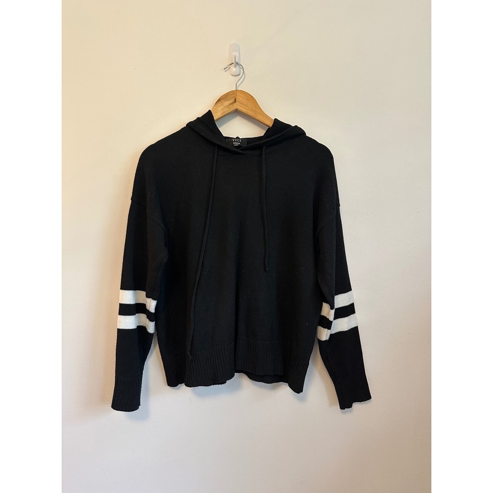 Vici Black Knit White Striped Sleeve Relaxed Fit Sweater Hoodie | Size Medium